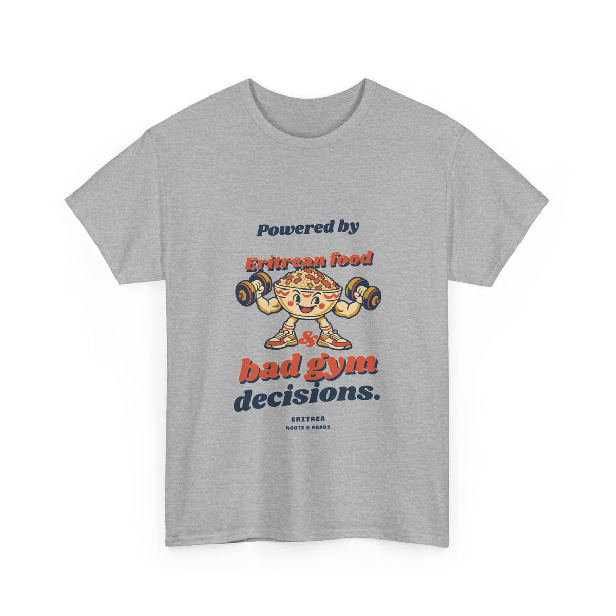 Eritrea Bad Gym Decisions T-Shirt in Sport Grey with rounded retro lettering and a food-bowl weightlifter, front view