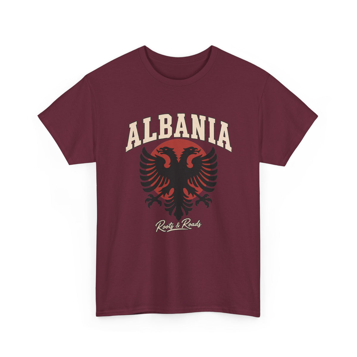 Front view of the Roots & Roads Albania Fresh Prints Gildan 5000 T-shirt in Maroon, with cream arched lettering, a black double-headed eagle and muted red circular accent.