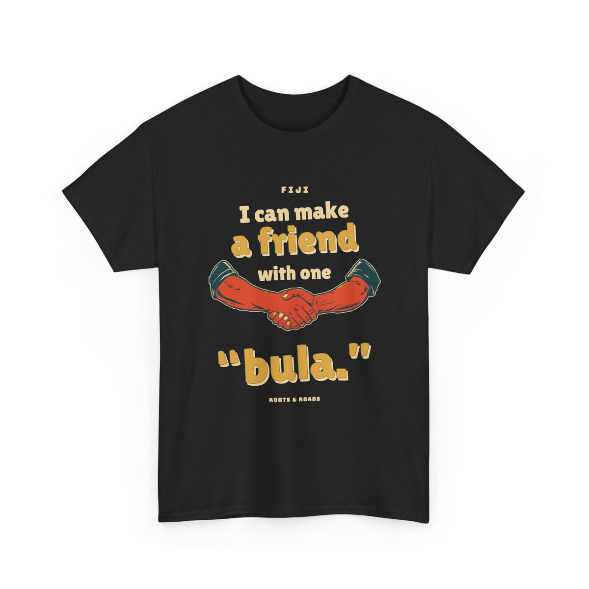 Fiji One Bula T-Shirt in Black — front rounded vintage greeting lettering and a substantial handshake illustration.