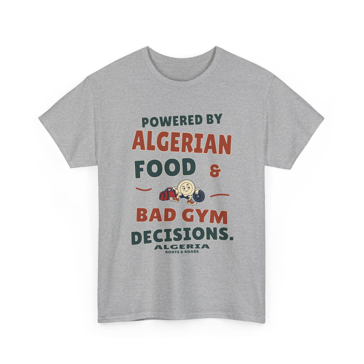 Sport Grey Algeria Bad Gym Decisions T-Shirt with “Powered by Algerian food & bad gym decisions.” rounded lettering and plate mascot, front view.