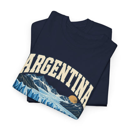 Folded Navy Argentina Fresh Prints T-shirt showing cream lettering and part of the blue glacier and mountain print.