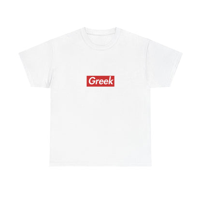 White T-shirt with a red rectangular Greek wordmark in white italic lettering