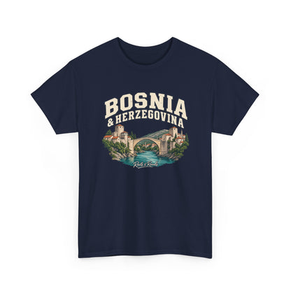 Front view of a Navy Gildan 5000 T-shirt with cream BOSNIA & HERZEGOVINA lettering above a stone arch bridge, red-roofed buildings and teal river, with Roots & Roads script.