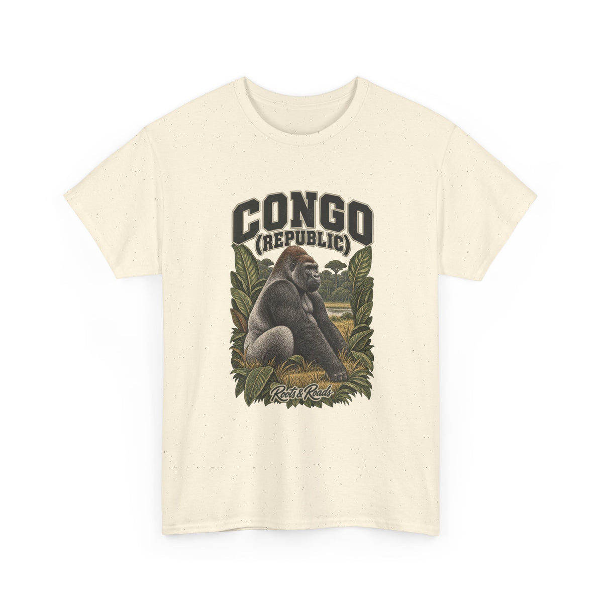 Front view of a Natural Gildan 5000 T-shirt with CONGO (REPUBLIC) lettering, a seated gorilla, forest trees, green leaves and Roots & Roads script.