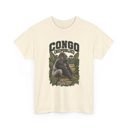 Front view of a Natural Gildan 5000 T-shirt with CONGO (REPUBLIC) lettering, a seated gorilla, forest trees, green leaves and Roots & Roads script.