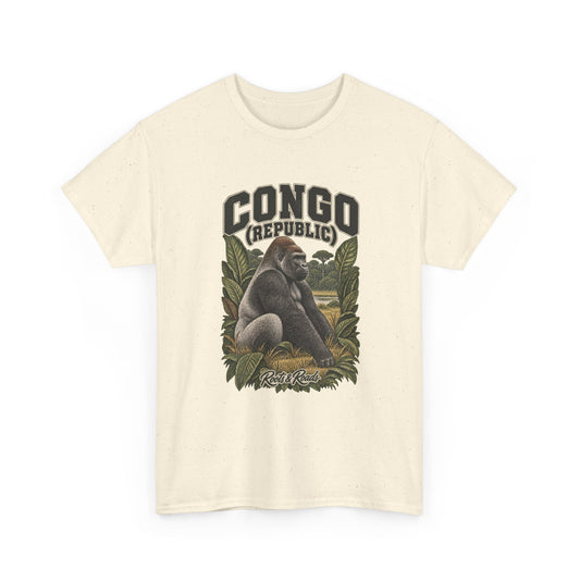 Front view of a Natural Gildan 5000 T-shirt with CONGO (REPUBLIC) lettering, a seated gorilla, forest trees, green leaves and Roots & Roads script.