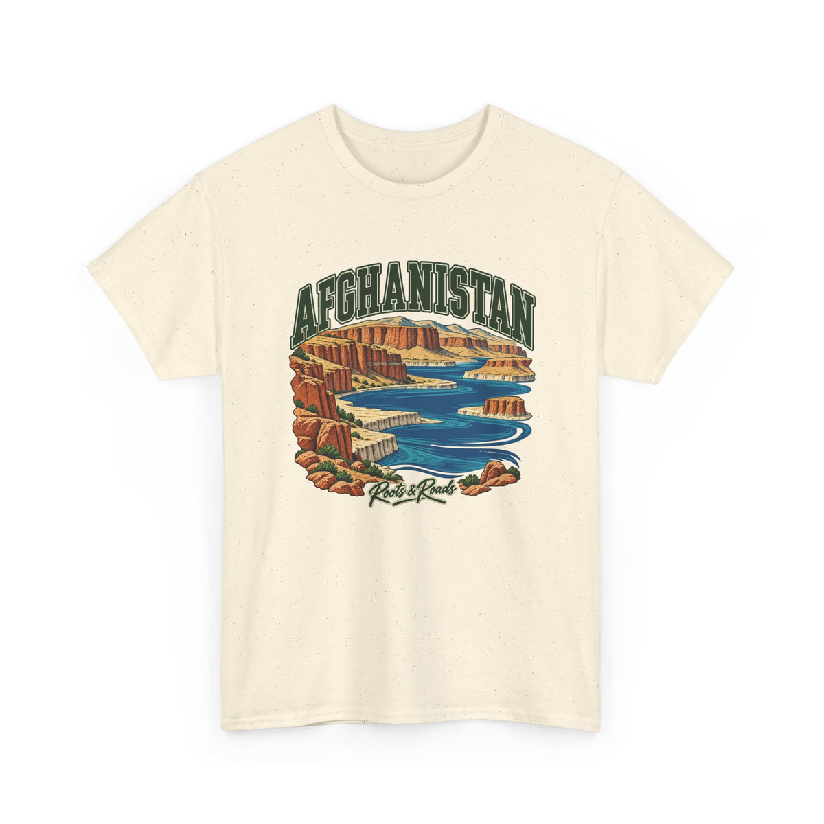 Front view of the Natural Afghanistan Fresh Prints T-shirt with green collegiate lettering, blue highland lakes, rust-coloured cliffs and Roots & Roads script.