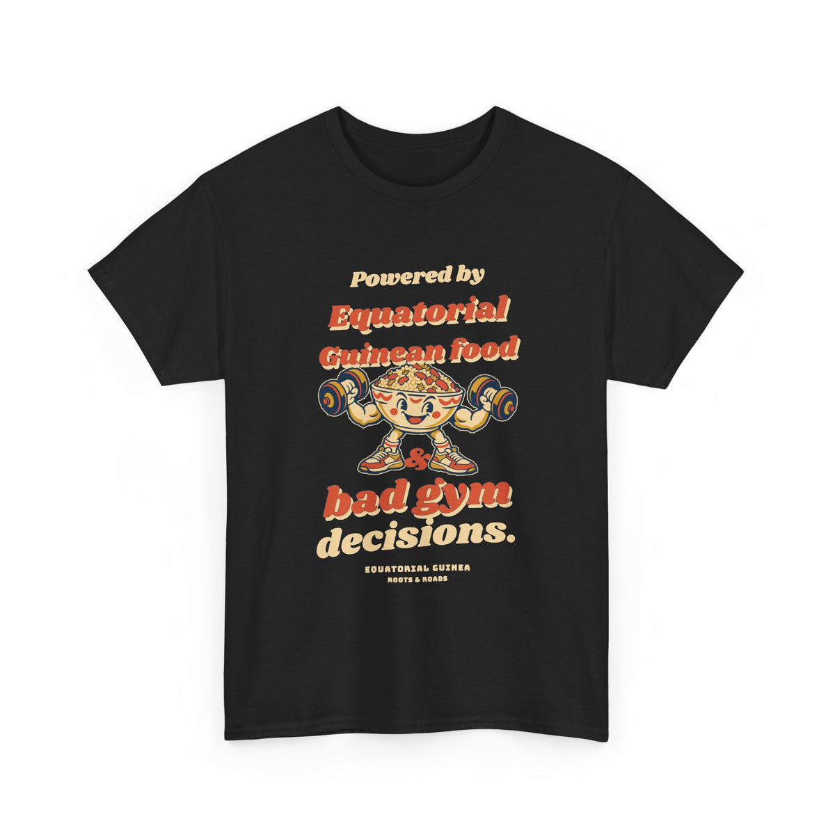 Equatorial Guinea Bad Gym Decisions T-Shirt — Black — front retro food-lifter artwork by Roots & Roads