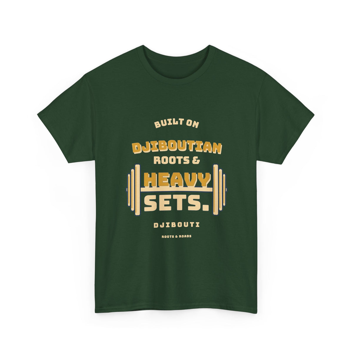 Djibouti Heavy Sets Gym T-Shirt in Forest Green, with vintage athletic lettering and integrated weight plates on the front.