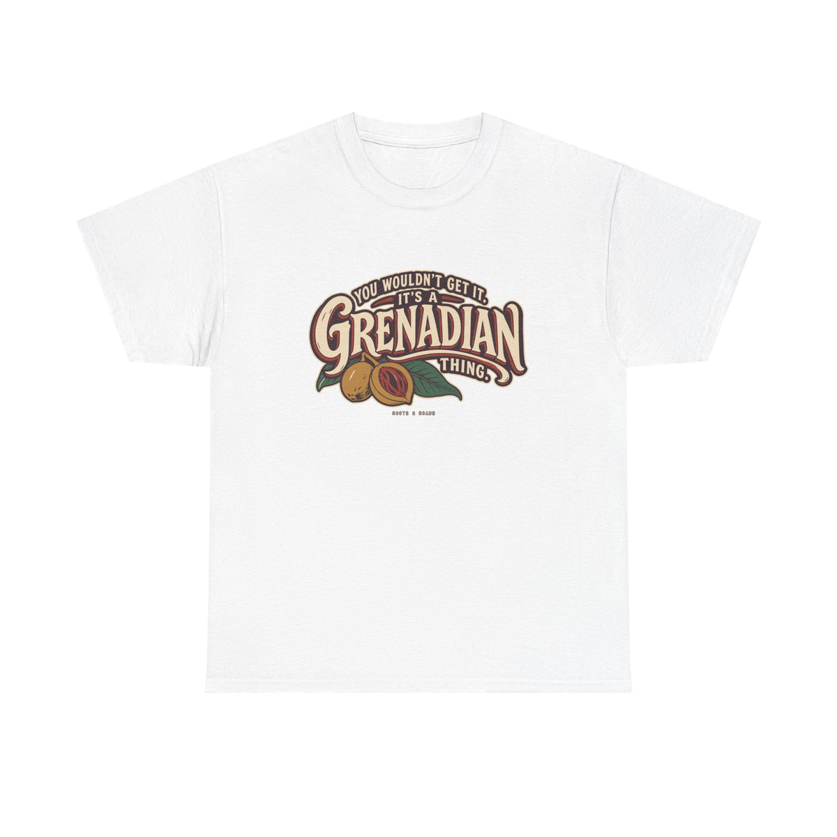 White Grenada Grenadian Thing T-Shirt, flat front view, with sweeping vintage Grenadian lettering, nutmeg, red mace and leaves
