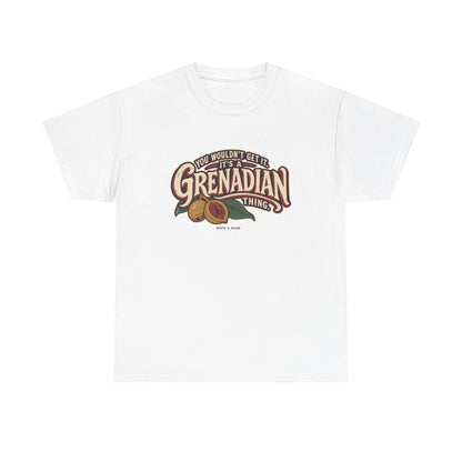 White Grenada Grenadian Thing T-Shirt, flat front view, with sweeping vintage Grenadian lettering, nutmeg, red mace and leaves