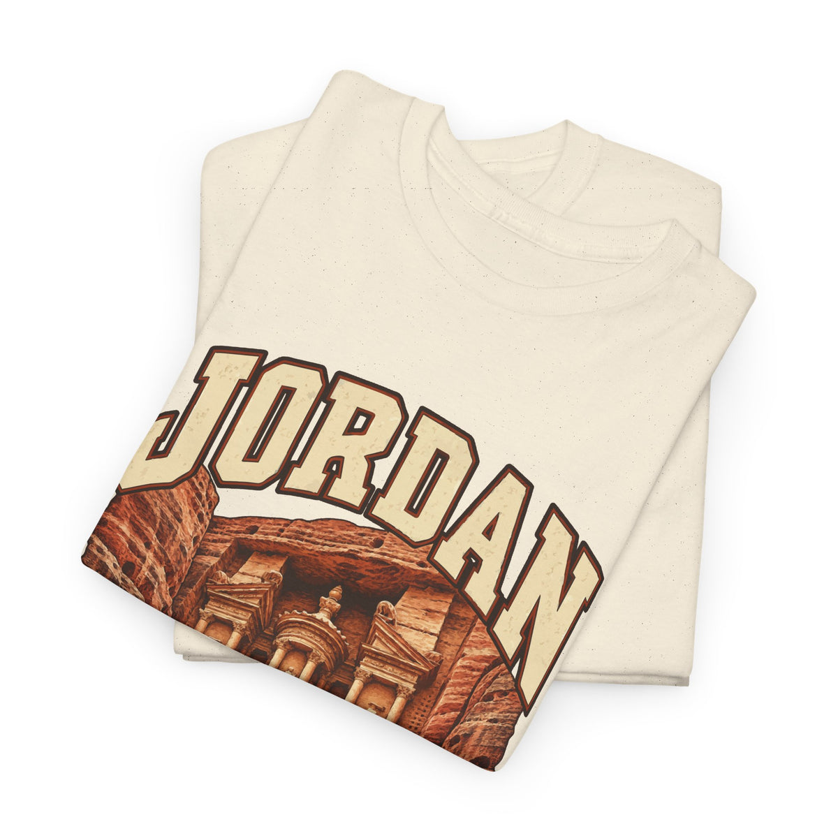 Folded Natural Jordan Fresh Prints T-shirt showing cream country lettering and part of the illustration.