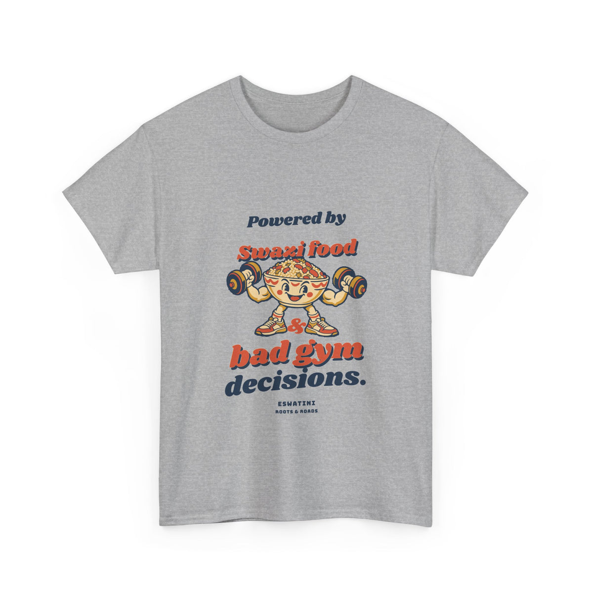 Sport Grey Eswatini Bad Gym Decisions T-Shirt with rounded retro Swazi food lettering and an original food-lifter character, front view.