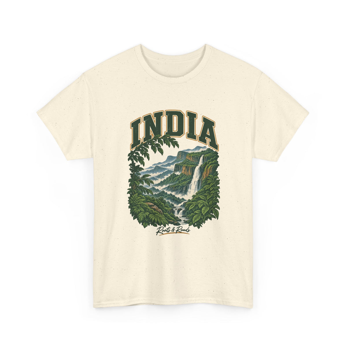 Front view of a Natural Gildan 5000 T-shirt with dark-green INDIA lettering, a waterfall, stepped green cliffs, mist and evergreen leaves, and Roots & Roads script.