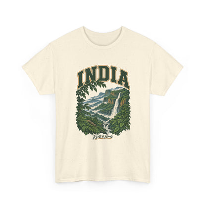 Front view of a Natural Gildan 5000 T-shirt with dark-green INDIA lettering, a waterfall, stepped green cliffs, mist and evergreen leaves, and Roots & Roads script.