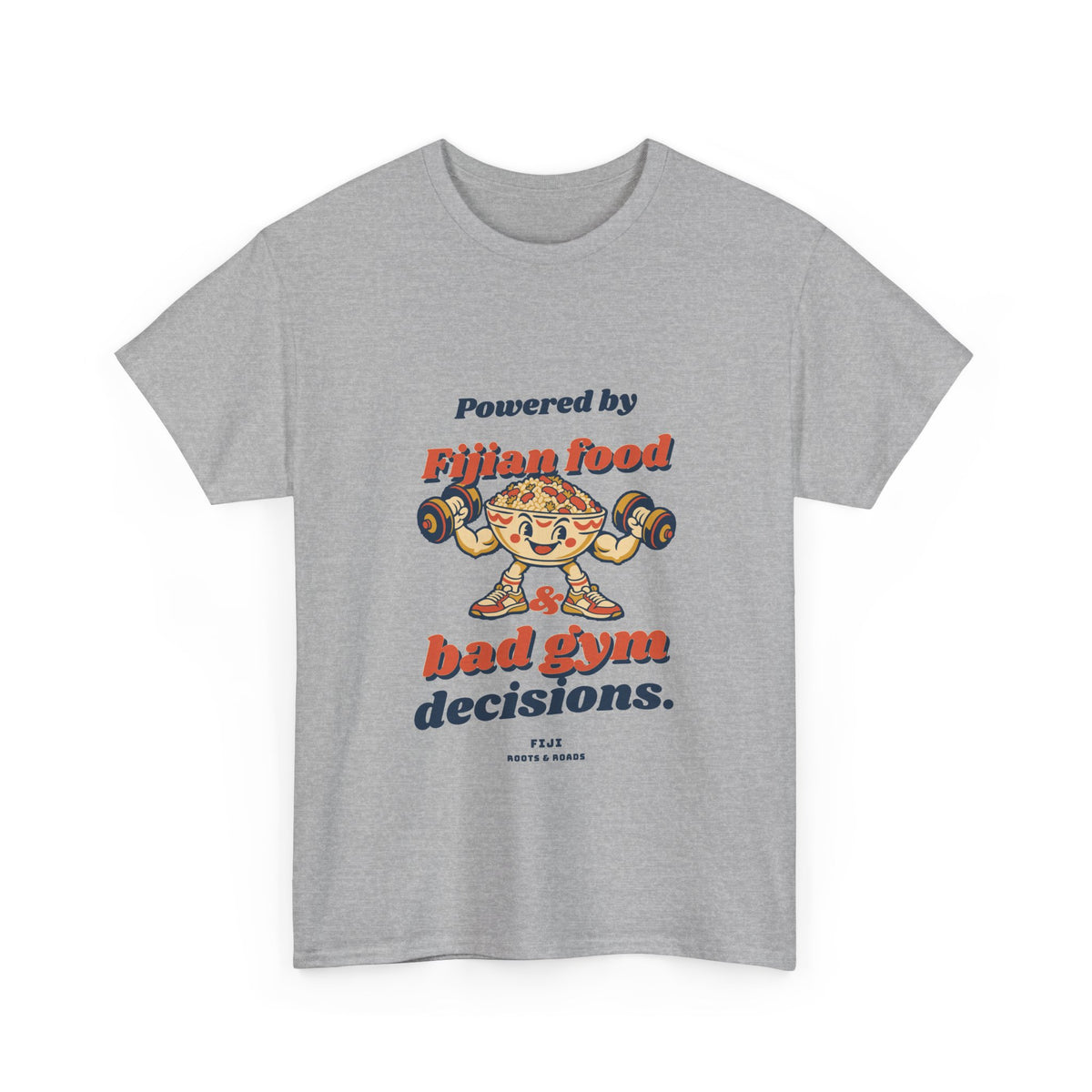 Fiji Bad Gym Decisions T-Shirt in Sport Grey — front retro Fijian food lettering and a playful food character lifting weights.