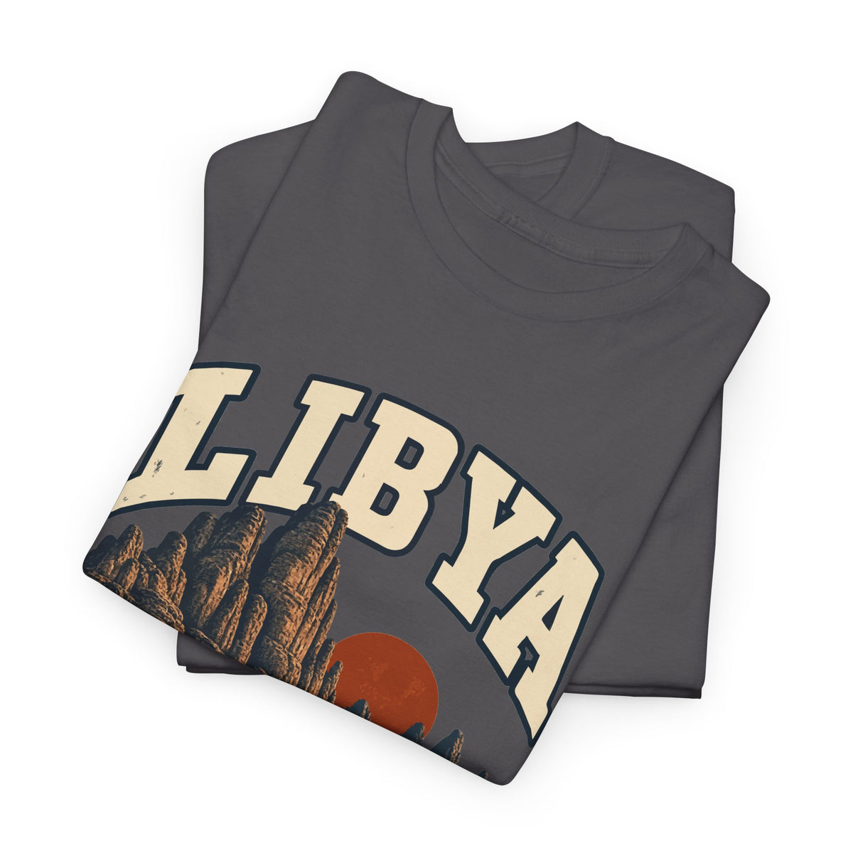 Folded Charcoal Libya Fresh Prints T-shirt showing the country lettering and part of the illustration.