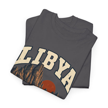 Folded Charcoal Libya Fresh Prints T-shirt showing the country lettering and part of the illustration.