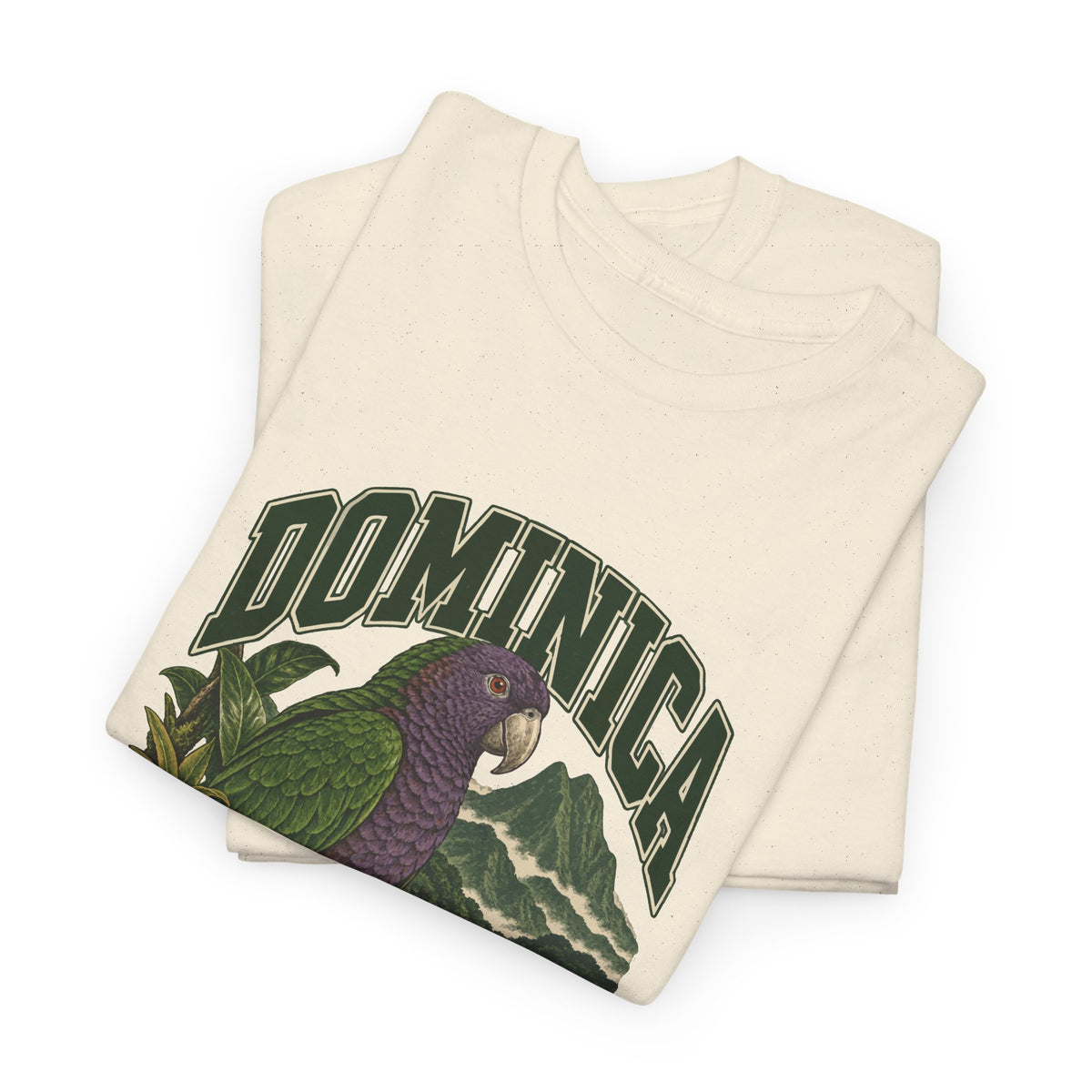 Folded Natural Dominica Fresh Prints Vintage T-Shirt showing the upper portion of its country lettering and illustrated front print.