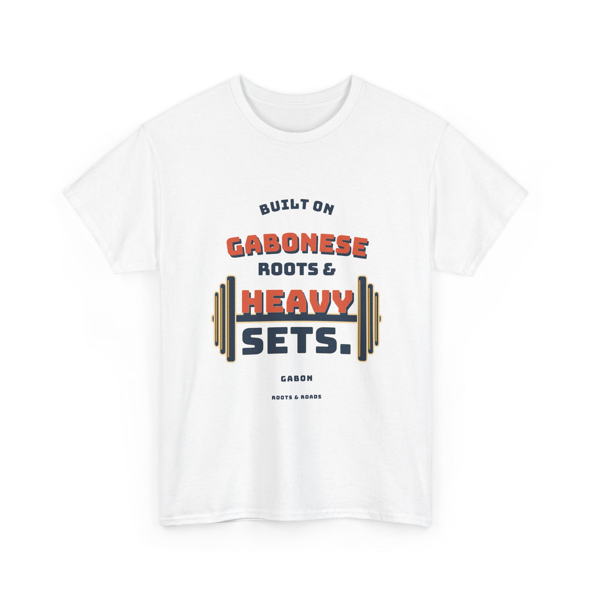 Gabon Heavy Sets Gym T-Shirt in White — front vintage Gabonese strength lettering with integrated weight plates.