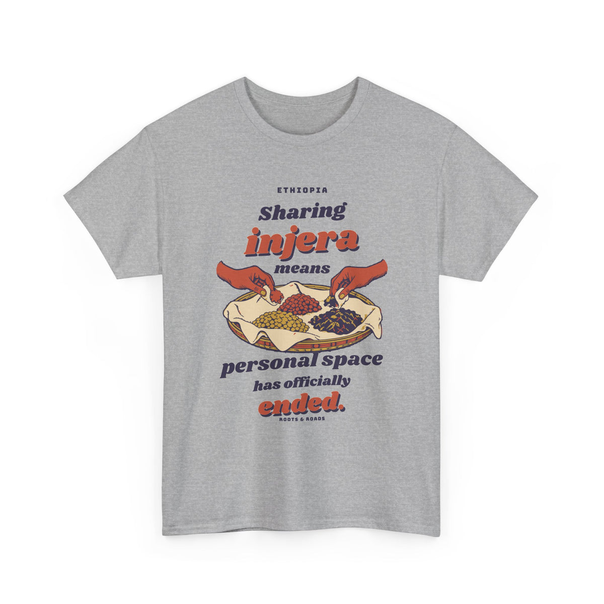 Sport Grey Ethiopia Personal Space T-Shirt with vintage injera illustration, front view.