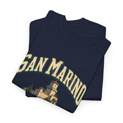 Folded navy Gildan 5000 San Marino Fresh Prints T-shirt showing cream country lettering and the stone fortress illustration.