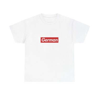 White T-shirt with a red rectangular German wordmark in white italic lettering