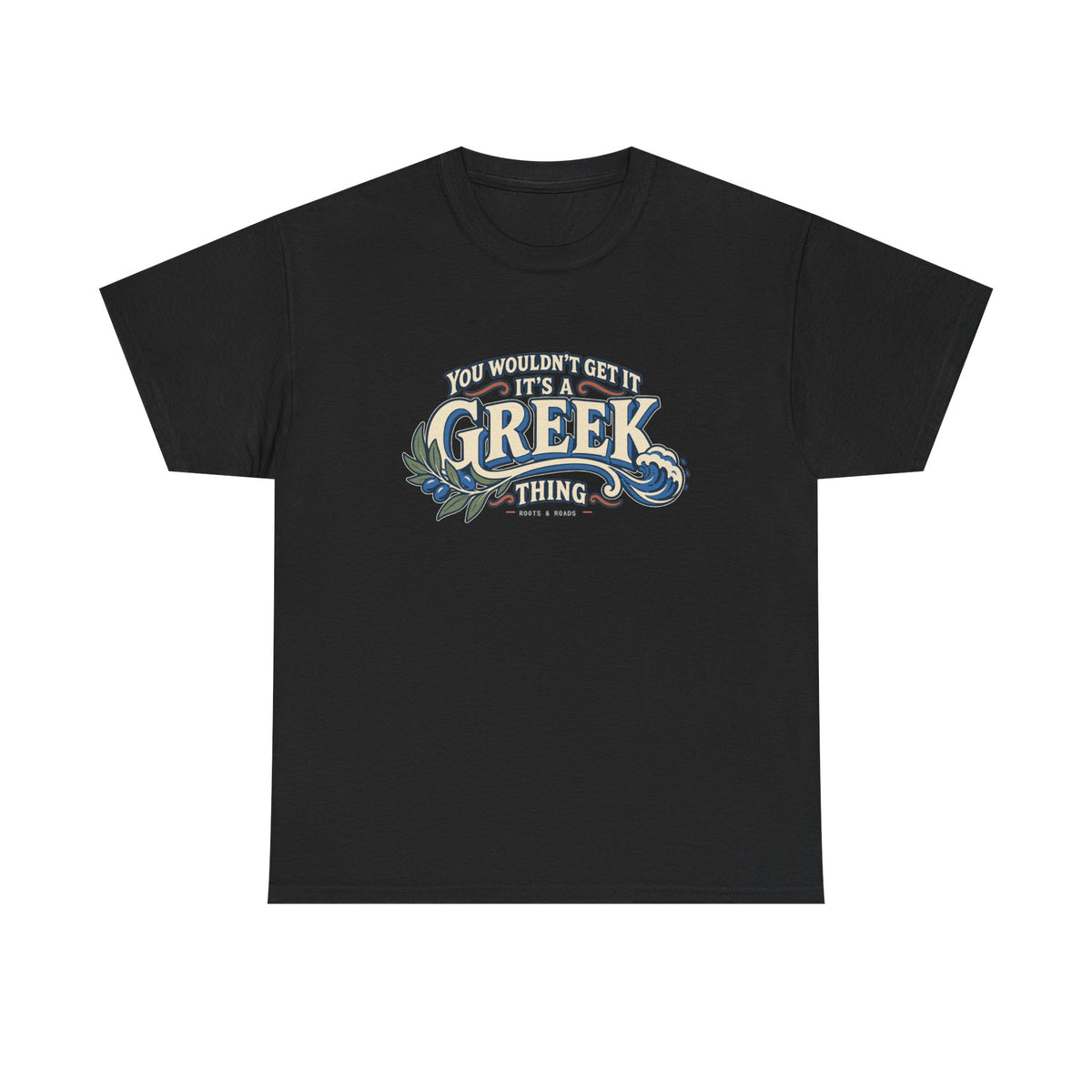 Black Greece Greek Thing T-shirt, flat front view, with oversized vintage lettering, an olive branch and curling wave.