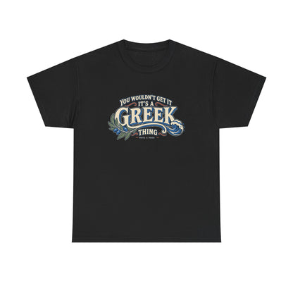 Black Greece Greek Thing T-shirt, flat front view, with oversized vintage lettering, an olive branch and curling wave.