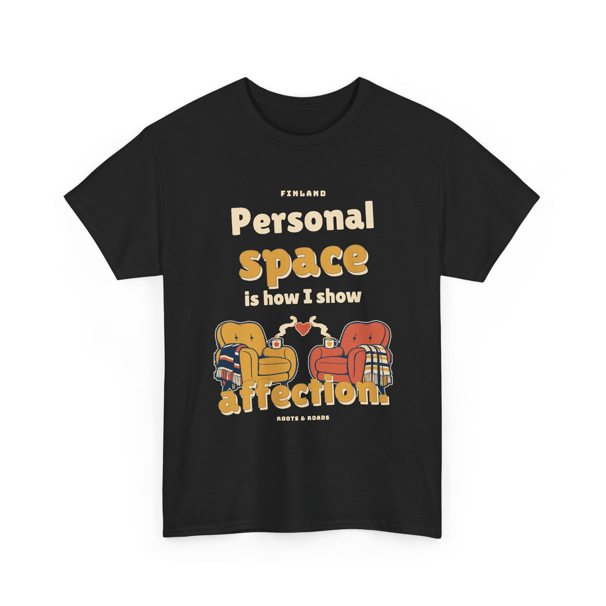 Finland Personal Space T-Shirt in Black — front rounded retro lettering with two cozy armchairs and a heart between them.
