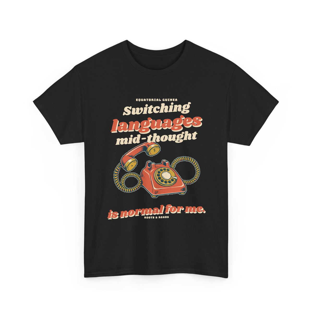 Equatorial Guinea Switching Languages T-Shirt — Black — front retro telephone artwork by Roots & Roads