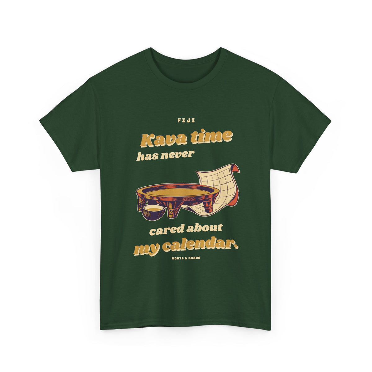 Fiji Kava Calendar T-Shirt in Forest Green — front retro kava-time lettering with a tanoa bowl and curling calendar illustration.