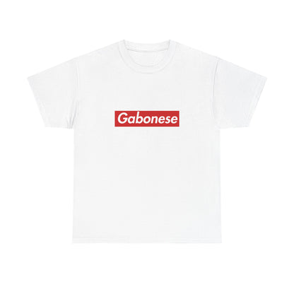 White T-shirt with a red rectangular Gabonese wordmark in white italic lettering