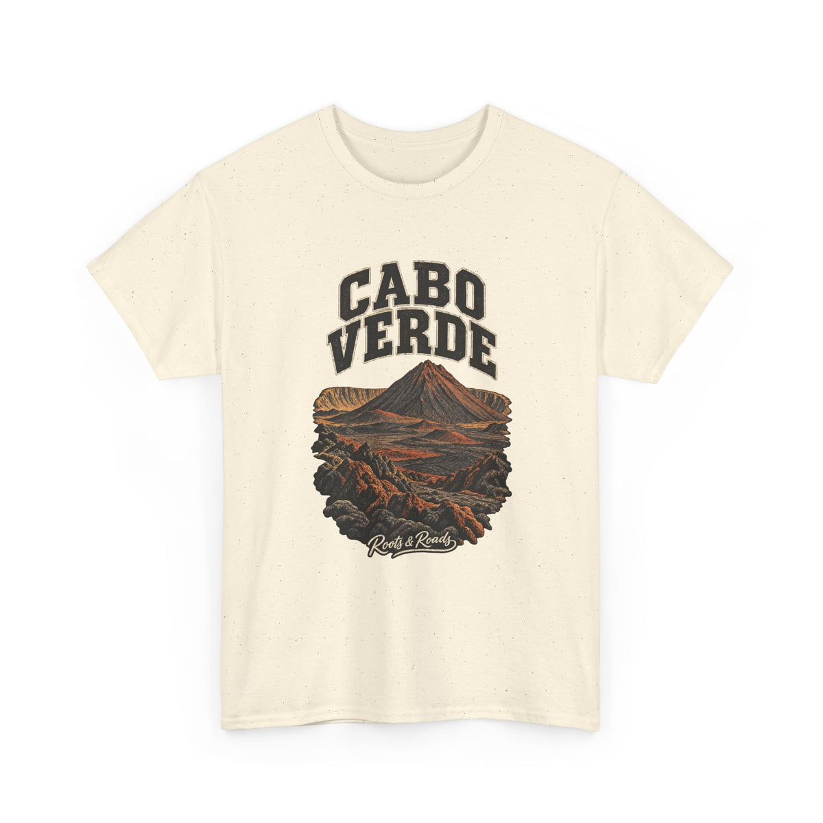 Front view of a Natural Gildan 5000 T-shirt with dark CABO VERDE lettering above a rust-and-charcoal volcano and folded lava terrain, with Roots & Roads script.