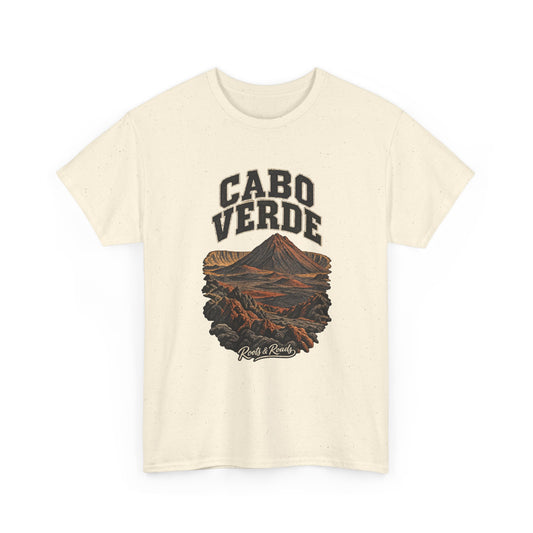 Front view of a Natural Gildan 5000 T-shirt with dark CABO VERDE lettering above a rust-and-charcoal volcano and folded lava terrain, with Roots & Roads script.