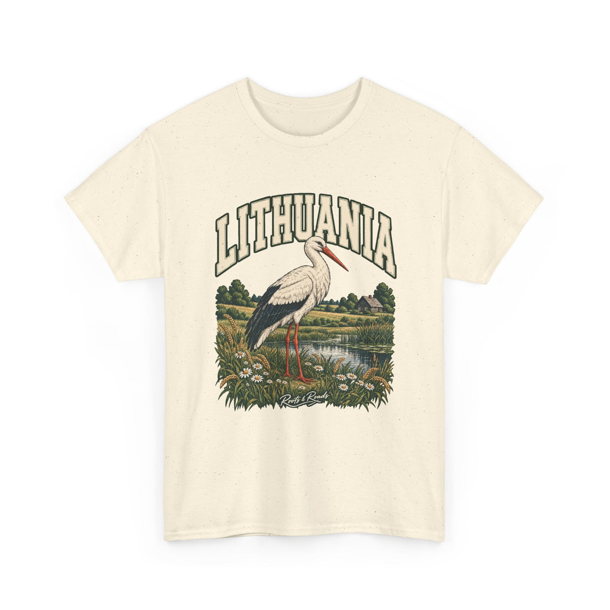 Front view of a Natural Gildan 5000 T-shirt with cream LITHUANIA lettering with a green outline, a white stork, a wet meadow, daisies, grain and a distant farmhouse, and Roots & Roads script.