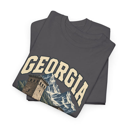 Folded Charcoal Georgia Fresh Prints T-shirt showing cream GEORGIA lettering and the upper part of its country illustration.
