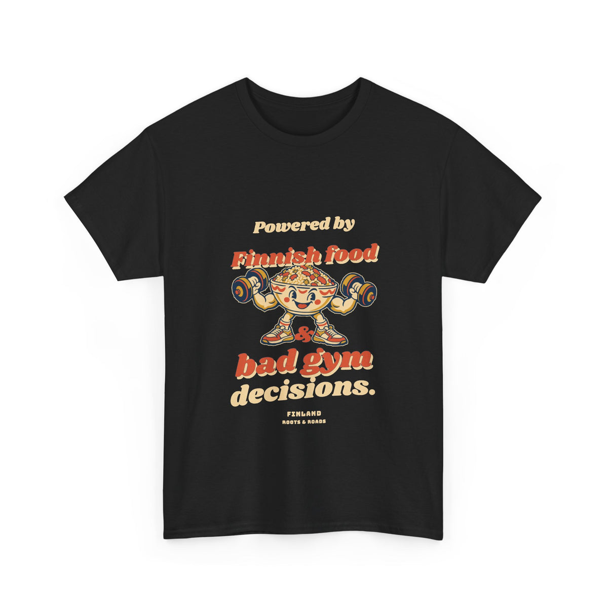 Finland Bad Gym Decisions T-Shirt in Black — front retro Finnish food lettering and a playful food character lifting weights.