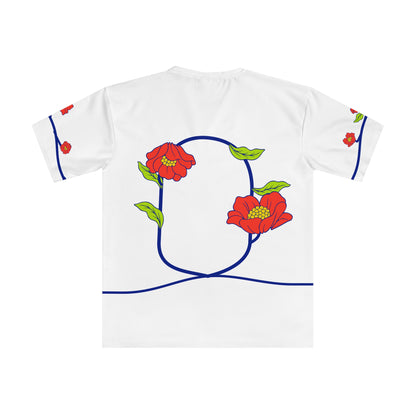 Back of the Roots & Roads “Homesick and proud.” T-shirt with coordinated coral flowers and lime leaves on cobalt stems.