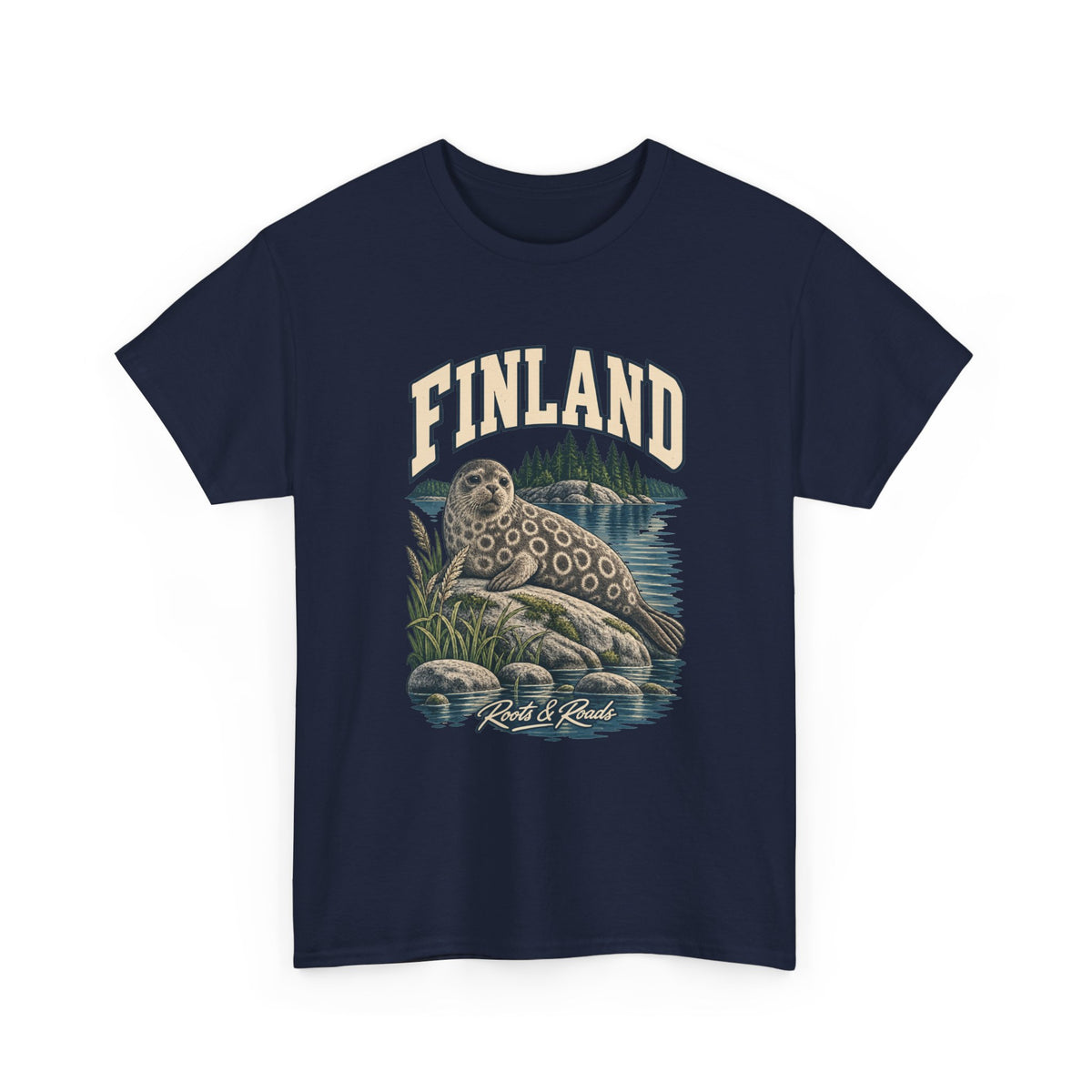 Front view of a Navy Gildan 5000 T-shirt with cream FINLAND lettering above a ringed seal, lake water, reeds and wooded islands, finished with Roots & Roads script.