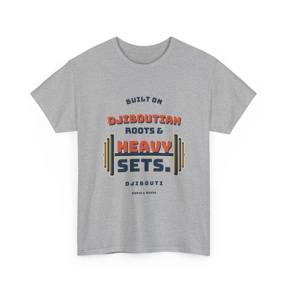 Djibouti Heavy Sets Gym T-Shirt in Sport Grey, with vintage athletic lettering and integrated weight plates on the front.