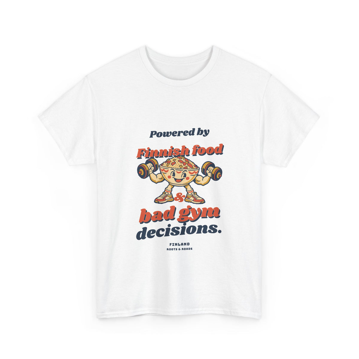 Finland Bad Gym Decisions T-Shirt in White — front retro Finnish food lettering and a playful food character lifting weights.
