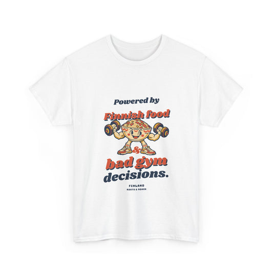 Finland Bad Gym Decisions T-Shirt in White — front retro Finnish food lettering and a playful food character lifting weights.