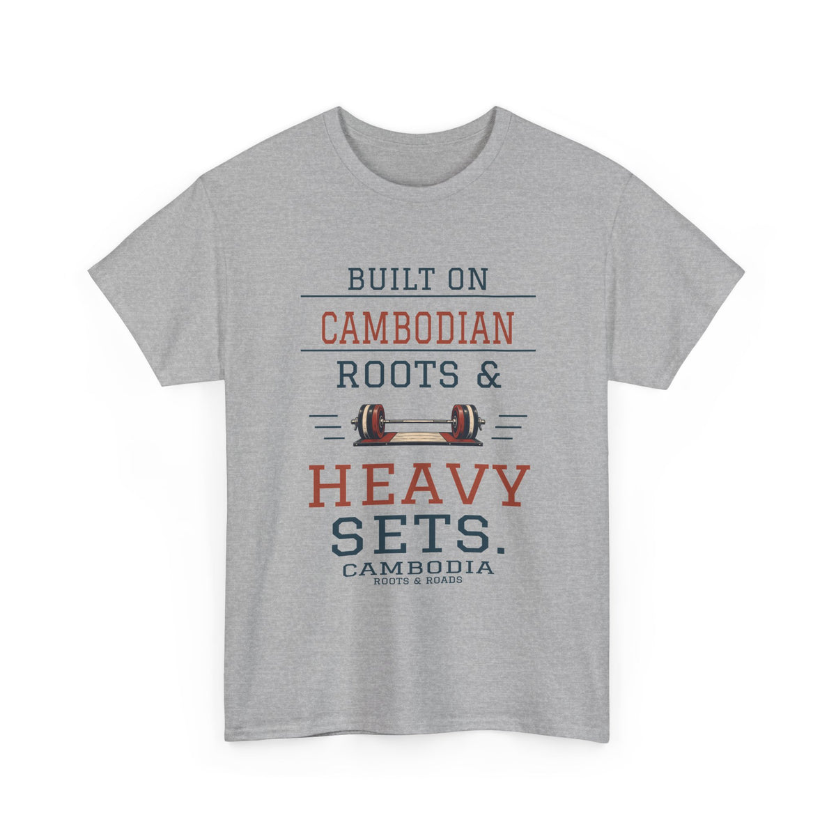 Front view of Cambodia Heavy Sets Gym T-Shirt in Sport Grey, showing the Roots & Roads printed design.