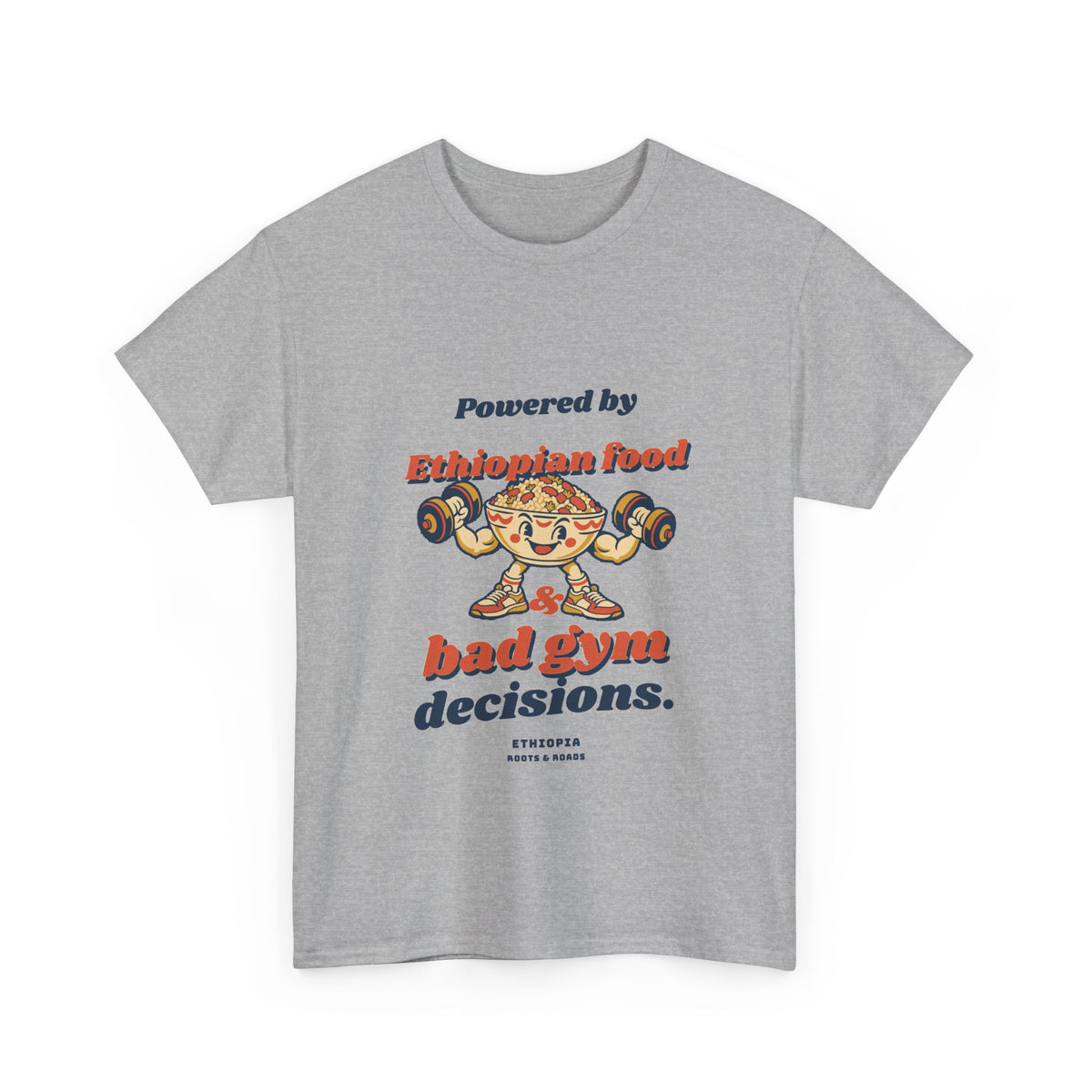 Sport Grey Ethiopia Bad Gym Decisions T-Shirt with vintage food-lifter illustration, front view.