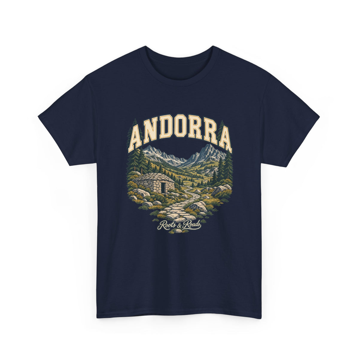 Front view of the navy Andorra Fresh Prints T-shirt with cream country lettering, Pyrenean peaks, a stone hut and mountain path.