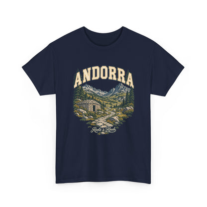 Front view of the navy Andorra Fresh Prints T-shirt with cream country lettering, Pyrenean peaks, a stone hut and mountain path.
