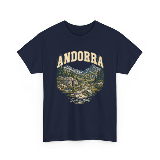 Front view of the navy Andorra Fresh Prints T-shirt with cream country lettering, Pyrenean peaks, a stone hut and mountain path.