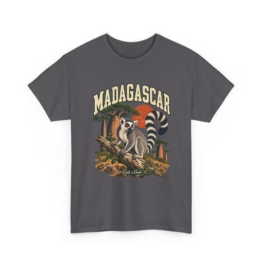 Front view of a Charcoal Gildan 5000 T-shirt with cream MADAGASCAR lettering, a ring-tailed lemur, a branch, baobab trees and a rust-coloured sun, and Roots & Roads script.