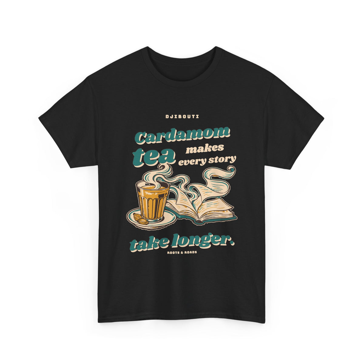 Black Djibouti Cardamom Tea Stories T-Shirt with expressive retro lettering, spiced tea and an unfurling book